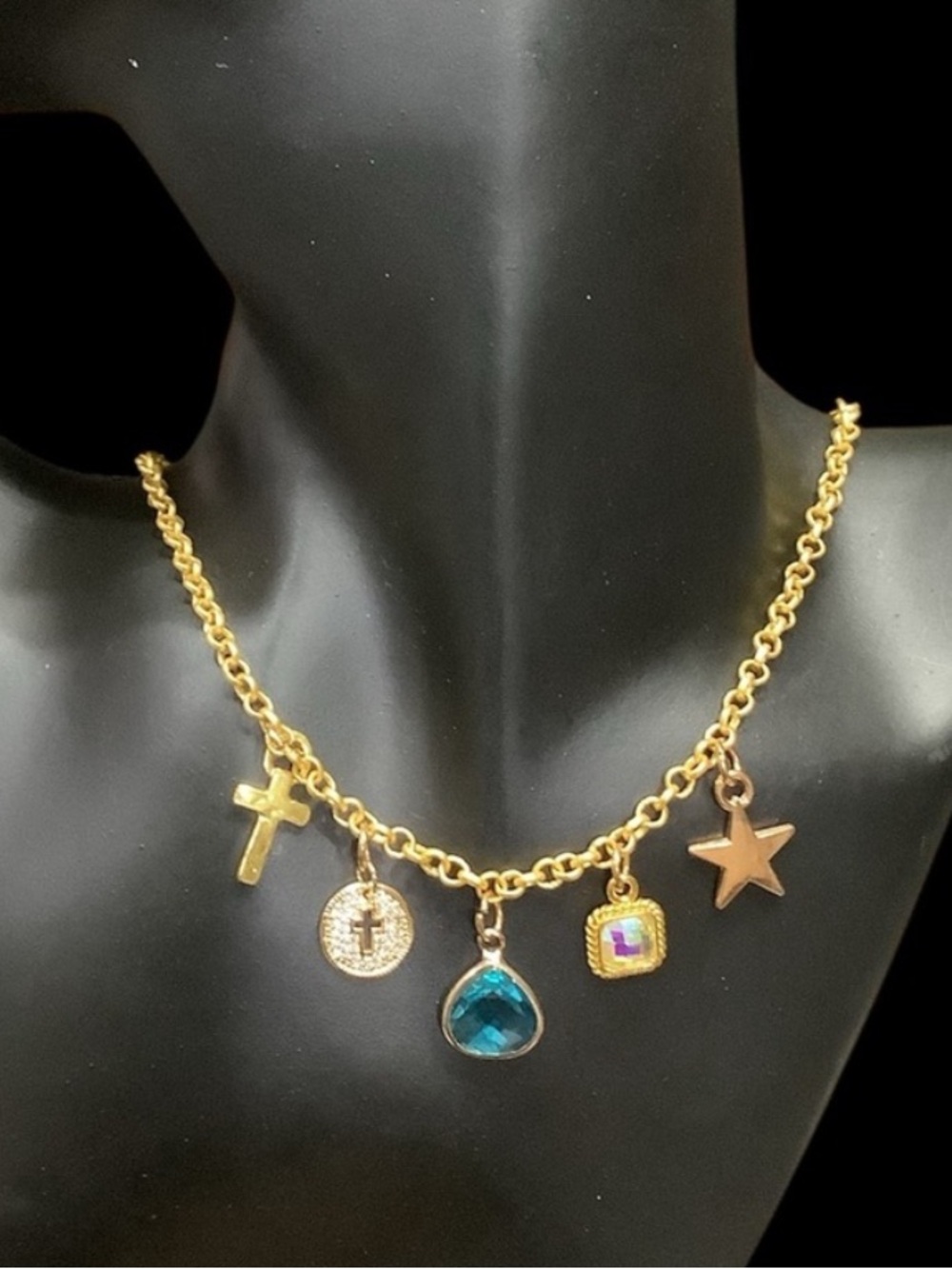 Gold Charm Necklace with Blue and Gold Sparkling Charms. NWT
